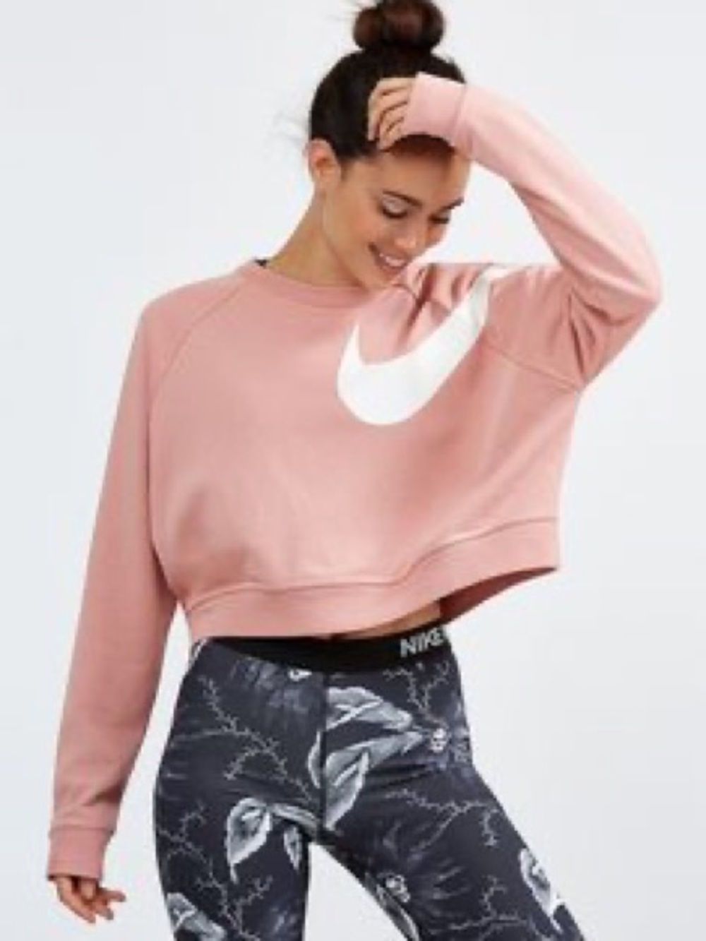 Nike Pink Cropped Crewneck Sweatshirt with White Swoosh